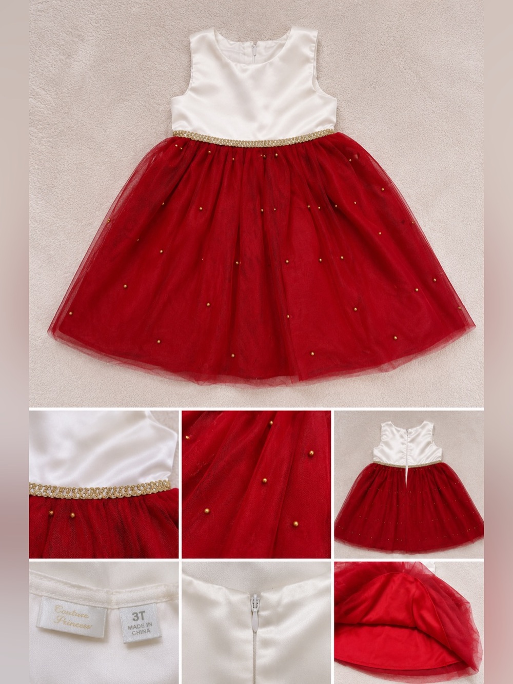 ✨ Couture Princess Red & Ivory Holiday Tulle Dress Girls Size 3T ✨